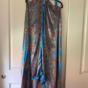 Elegant satin paisley plunge neck wrap dress